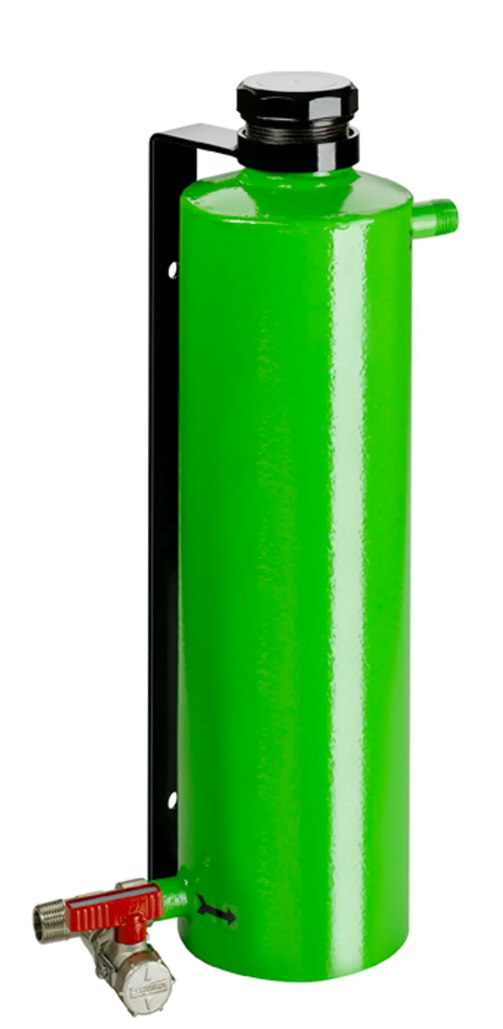 Grüner, zylindrischer Behälter mit einer schwarzen Halterung und einem roten Ventil, hergestellt von Grünbeck. Das Produkt ist für flüssige Medien ausgelegt.